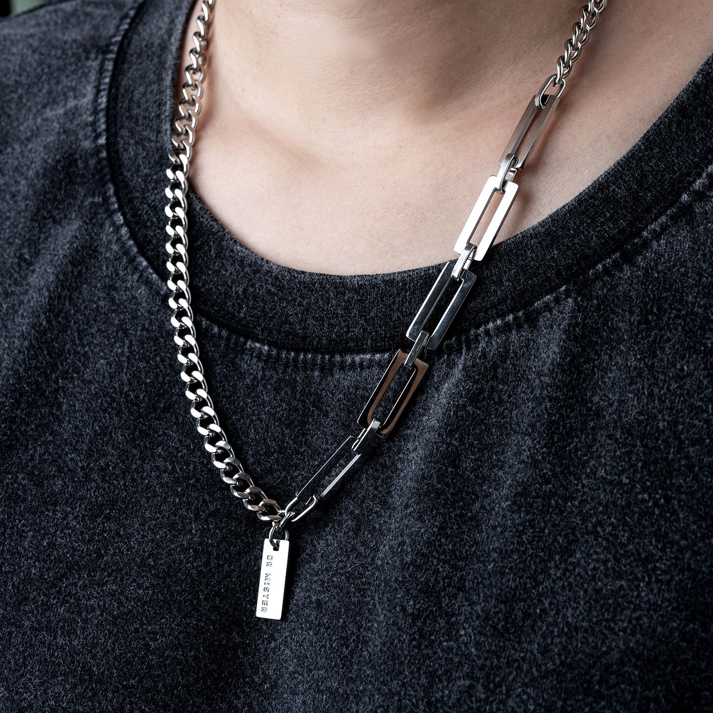 Elongated Square Hybrid Necklace - Silver