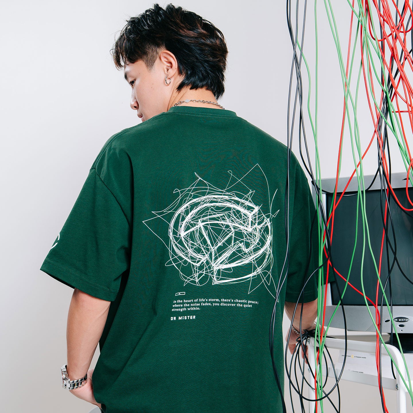 Scribbles Chaotic Peace L-Broad Tee - Sacramento Green